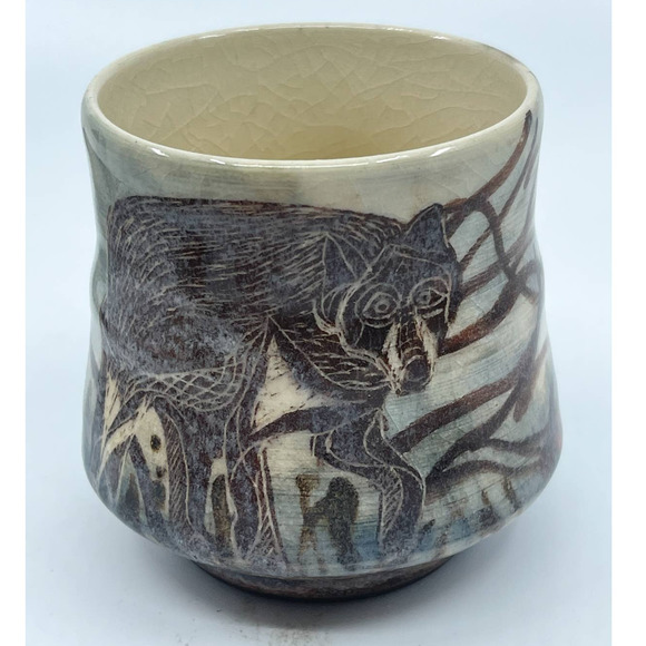 None Other - Handmade Porcelain Cup Badger? sgraffito art technique wheel thrown arsitan made